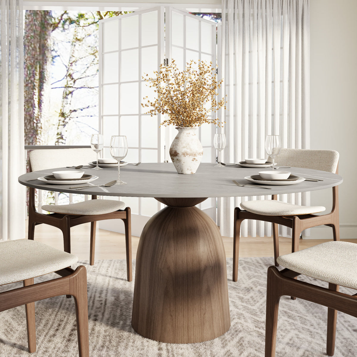 Soluna Dark Walnut Round Solid Wood Pedestal Dining Table with Snow White & Pandora Stone Top - 59.05'' W X 59.05'' D X 29.53'' H - Gray - image 18