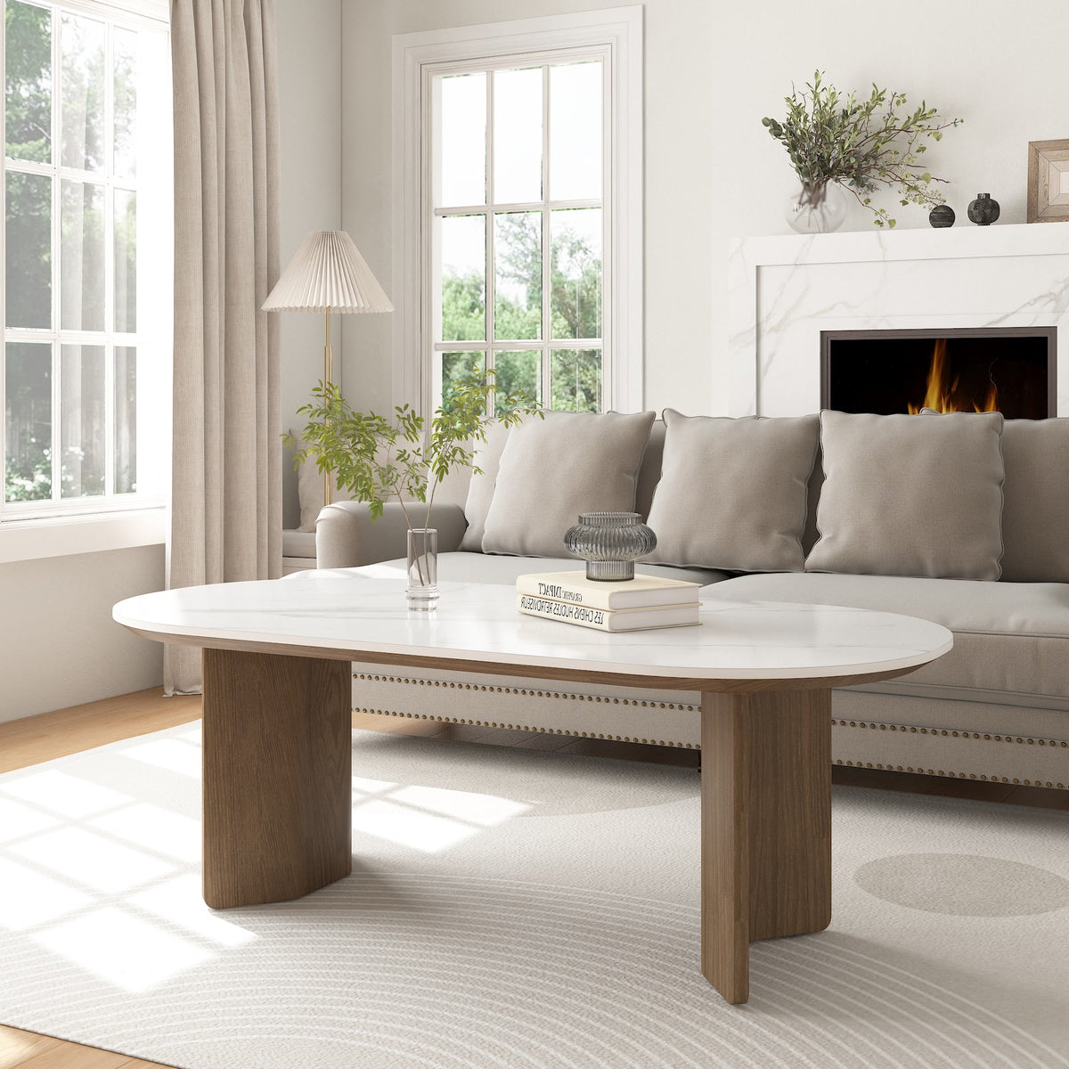 Stone Oval Solid Wood Coffee Table - Snowy White - image 0
