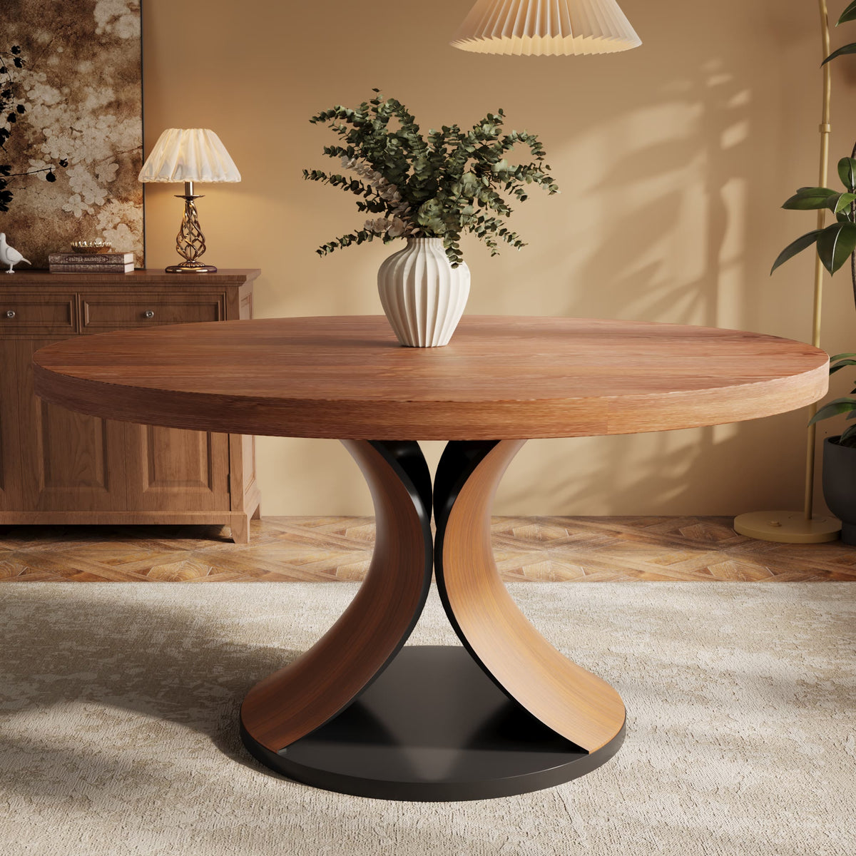 Mid-century Solid Wood Round  Walnut Kitchen Room Dining Table For 6-8 - Walnut - W59.05" x D59.05" x H30.51" - image 0
