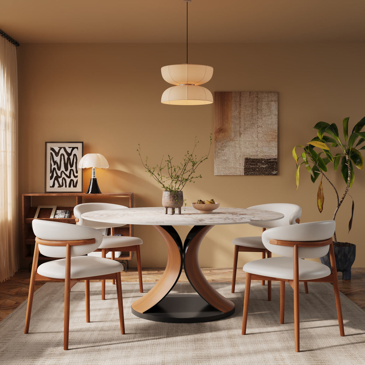 Mid-Century Round Stone Dining Table Solid Wood Splayed Leg Base For 4-10 - image 1
