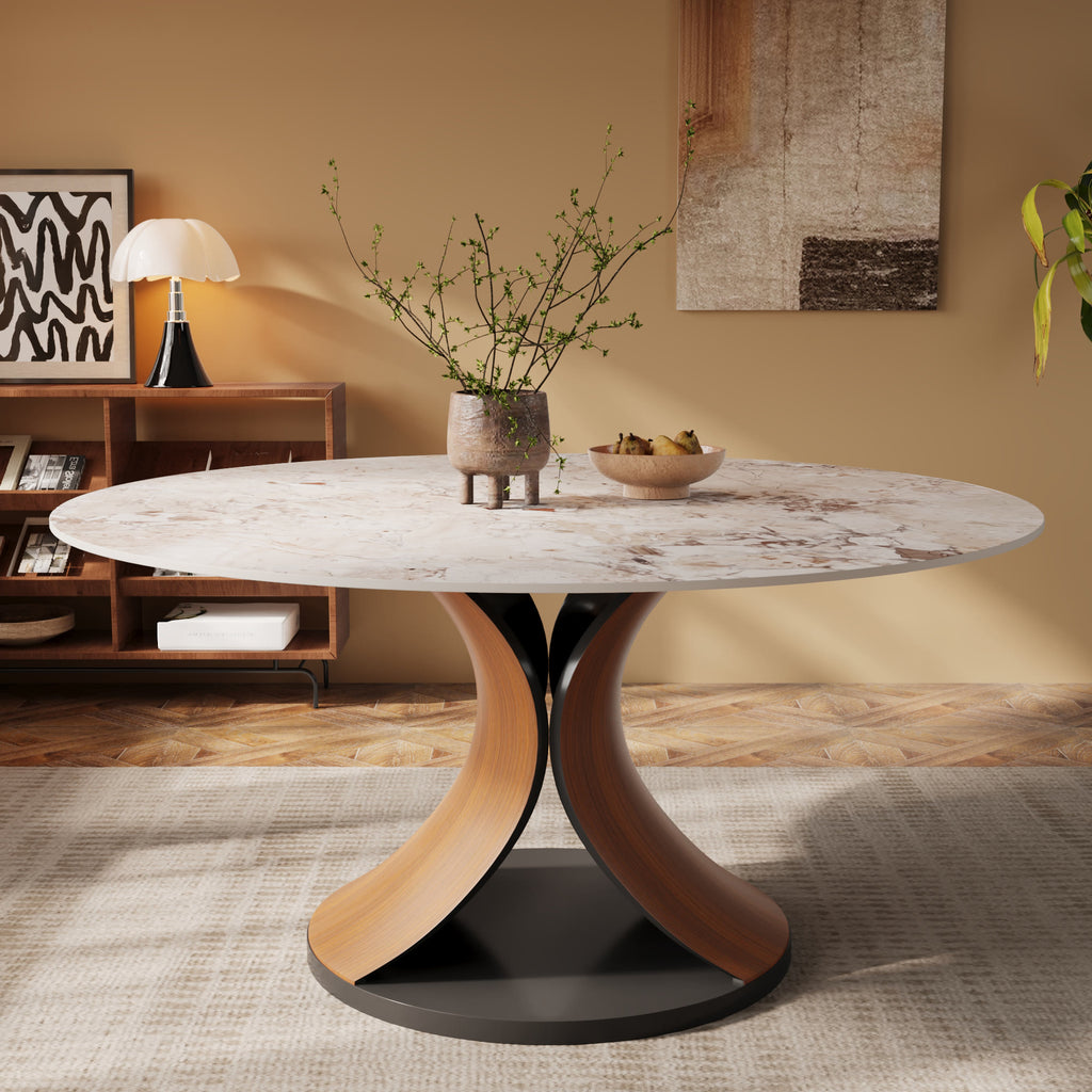 Mid-Century Round Stone Dining Table Solid Wood Splayed Leg Base For 4-10 - Creamy - 63"Table - image 0