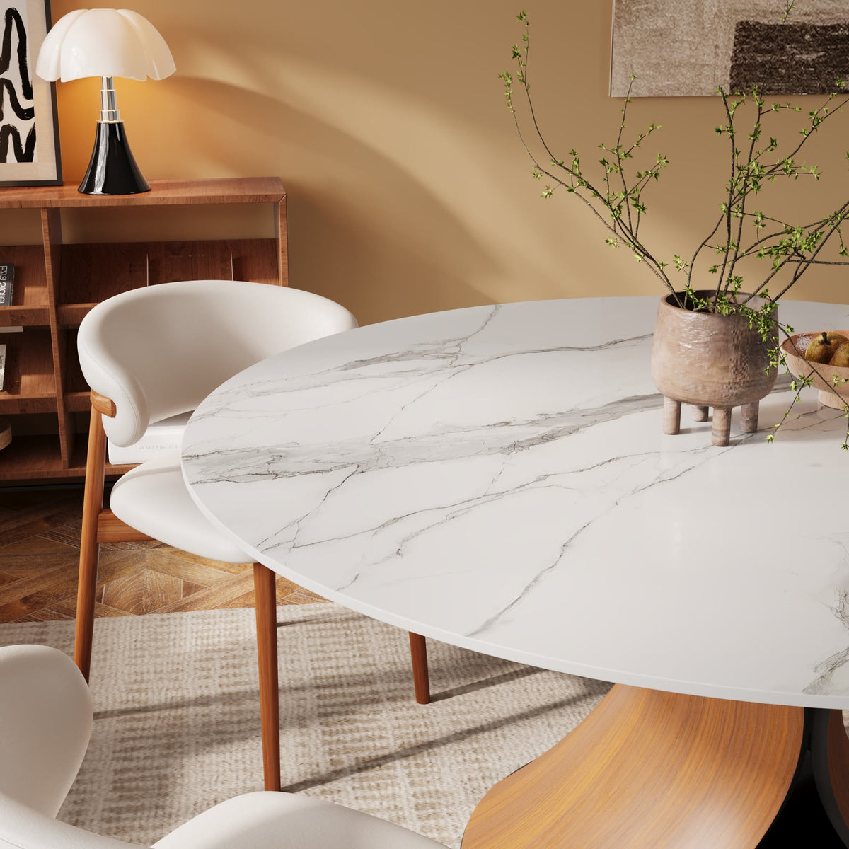 Mid-Century Round Stone Dining Table Solid Wood Splayed Leg Base For 4-10 - image 10