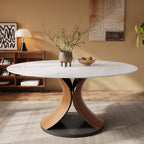Mid-Century Round Stone Dining Table Solid Wood Splayed Leg Base For 4-10 - Snowy White - 63"Table - image 8