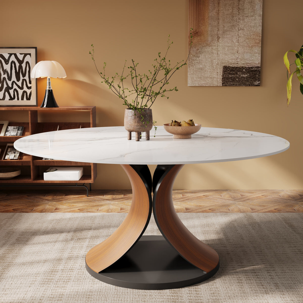 Mid-Century Round Stone Dining Table Solid Wood Splayed Leg Base For 4-10 - Snowy White - 63"Table - image 8