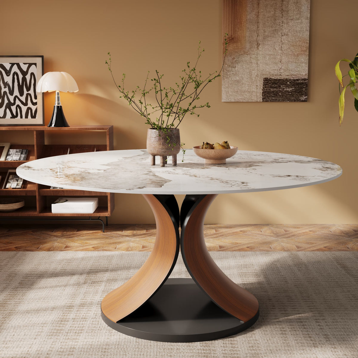 Mid-Century Round Stone Dining Table Solid Wood Splayed Leg Base For 4-10 - Pandora - 63"Table - image 11