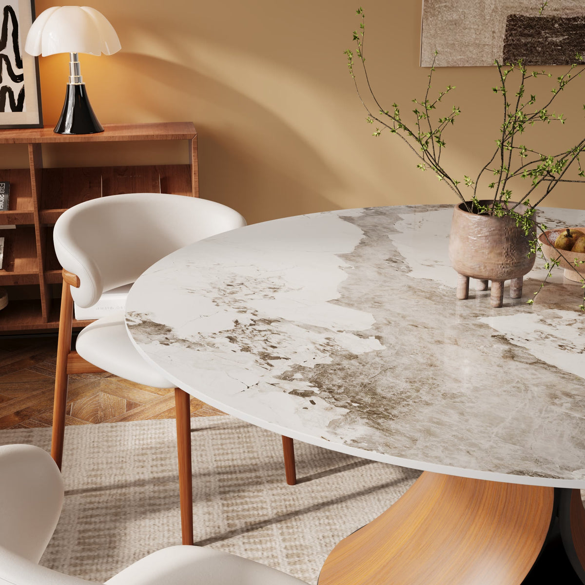 Mid-Century Round Stone Dining Table Solid Wood Splayed Leg Base For 4-10 - image 13
