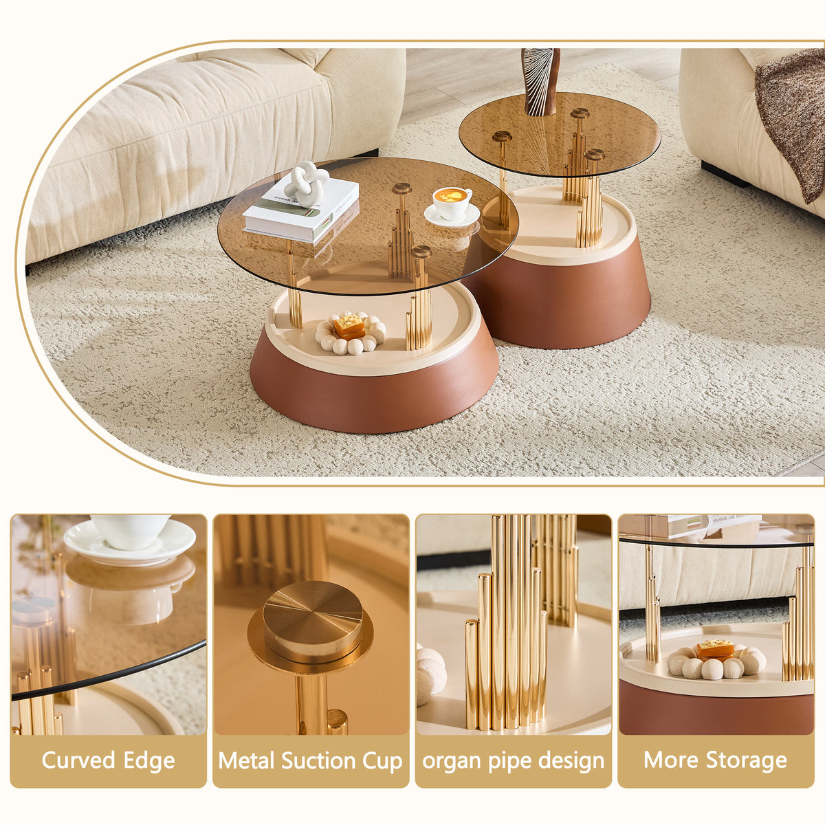 Brown & Gold Round Nesting Coffee Tables - image 4