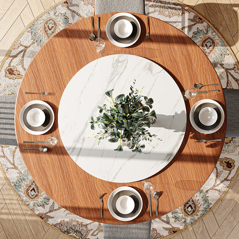 Stone Turntable Wood Top Round Dining Table