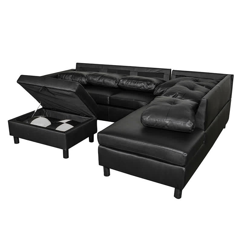 3PCS Sectional Sofa Black Faux Leather