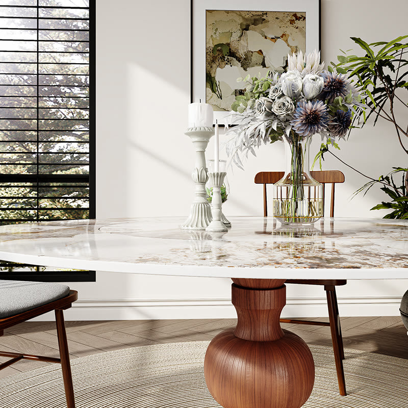 Stone Dining Table Solid Wood Pedestal With Embed Lazy Susan