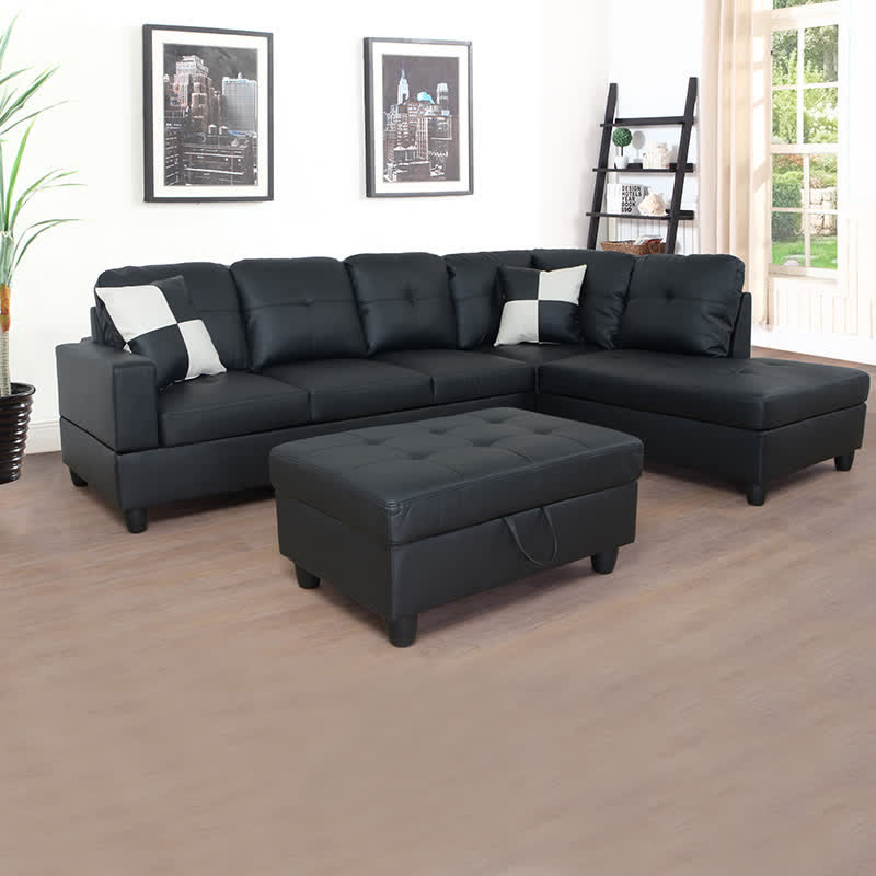 3PCS Sectional Sofa Black Faux Leather - Black + Faux Leather - image 0
