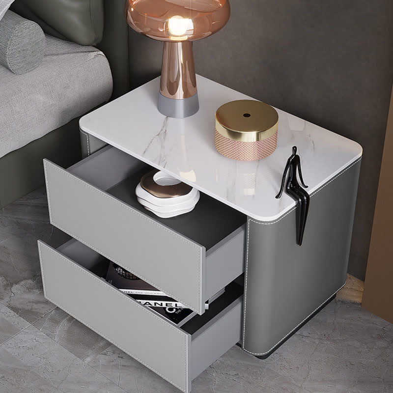 Saddle Leather Nightstand Side Table Stone Top