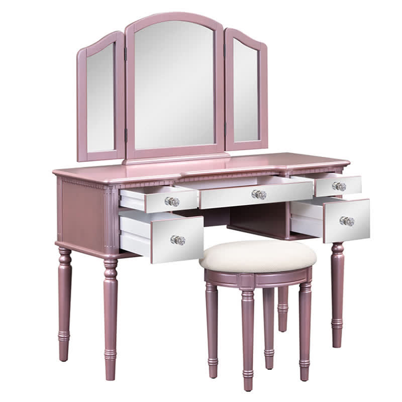 Dressing Table Stool Tri-fold Mirror Vanity Set