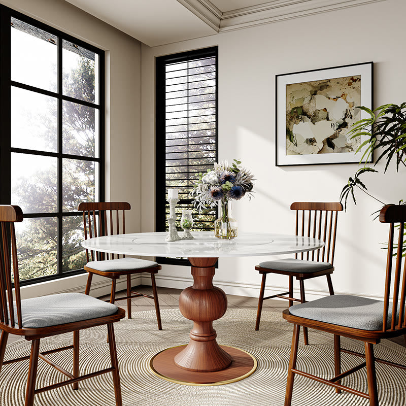 Stone Dining Table Solid Wood Pedestal With Embed Lazy Susan