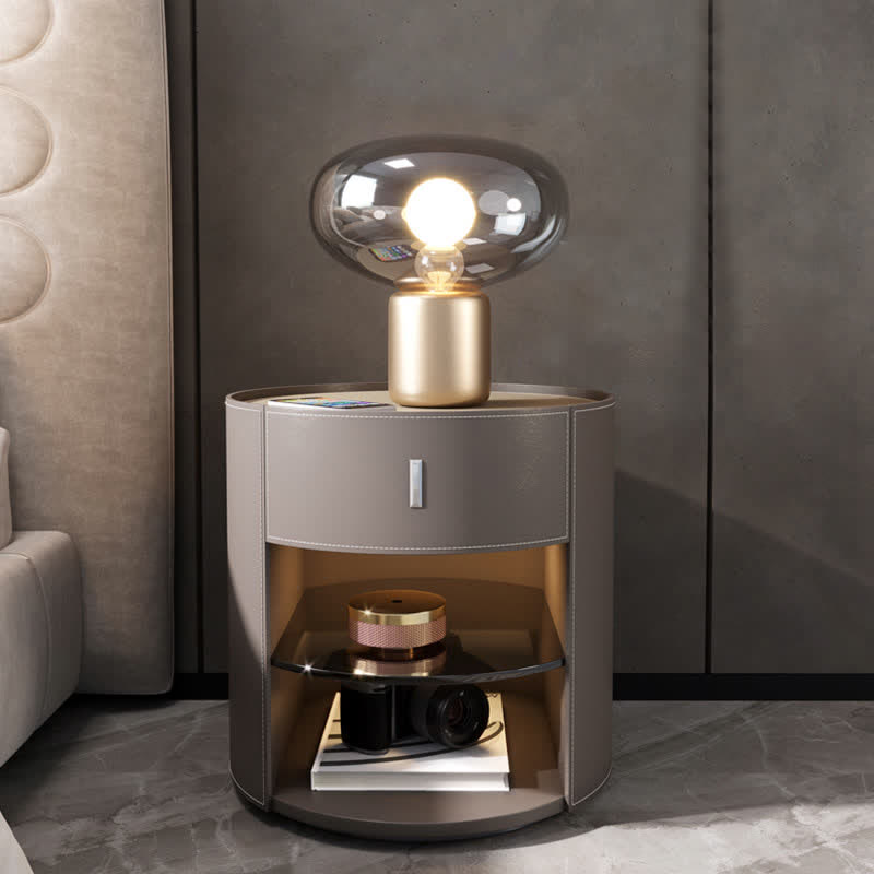 Saddle Leather Nightstand Round Bedside Table