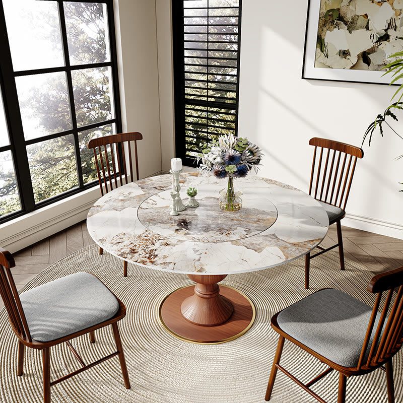 Stone Dining Table Solid Wood Pedestal With Embed Lazy Susan