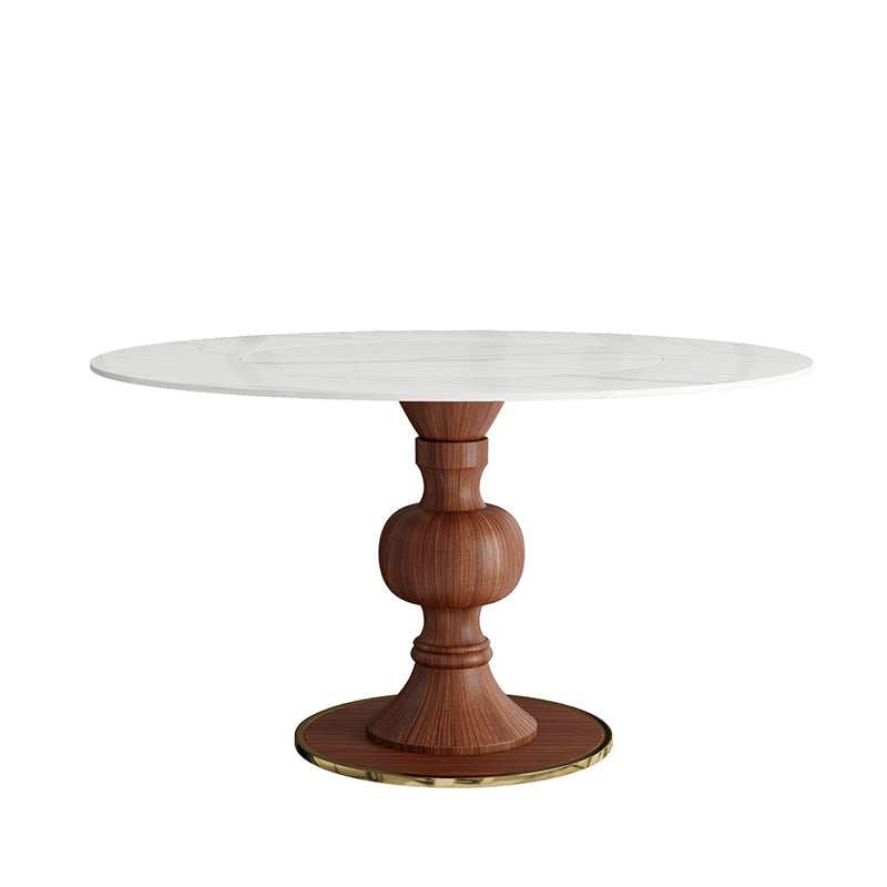 Stone Dining Table Solid Wood Pedestal With Embed Lazy Susan