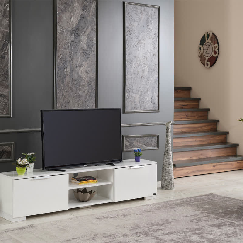 White TV Stand With Door Shelves 66"