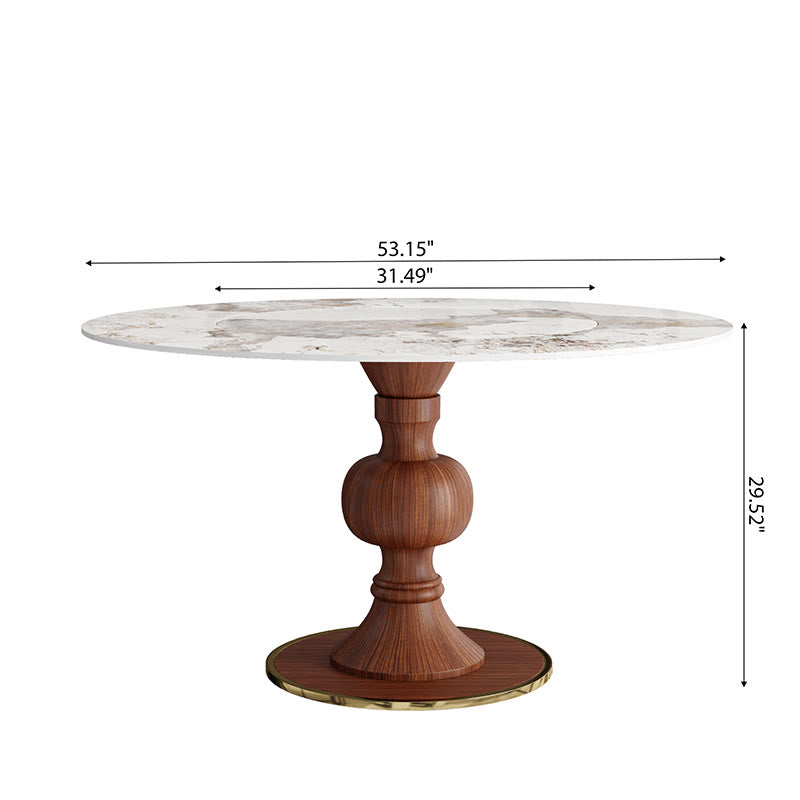 Stone Dining Table Solid Wood Pedestal With Embed Lazy Susan