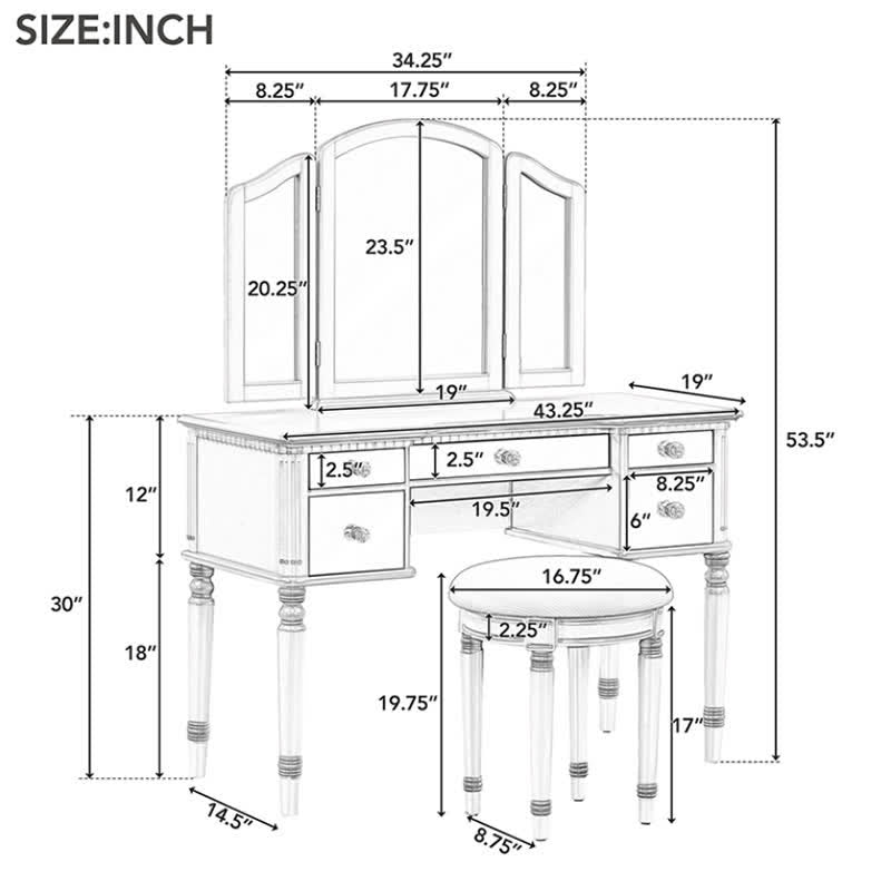 Dressing Table Stool Tri-fold Mirror Vanity Set