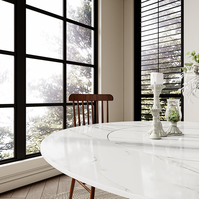 Stone Dining Table Solid Wood Pedestal With Embed Lazy Susan