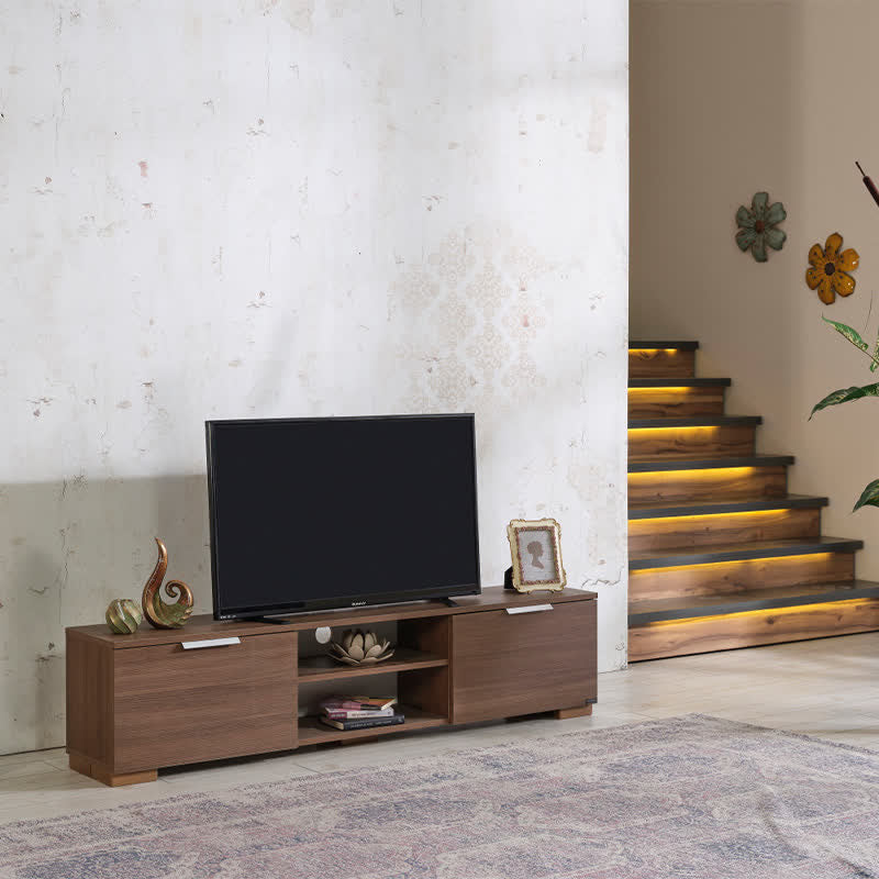 Wooden TV Stand With Door Shelves 66"