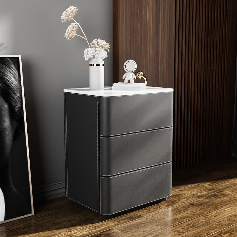 Leather Nightstand Side Table 3 Drawers - 2x Gray - image 0