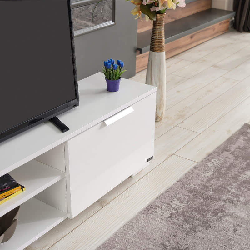 White TV Stand With Door Shelves 66"