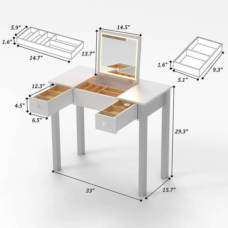 Vanity Table With LED Mirror Jewelry Storage