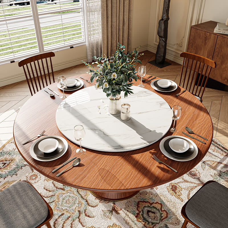 Stone Turntable Wood Top Round Dining Table