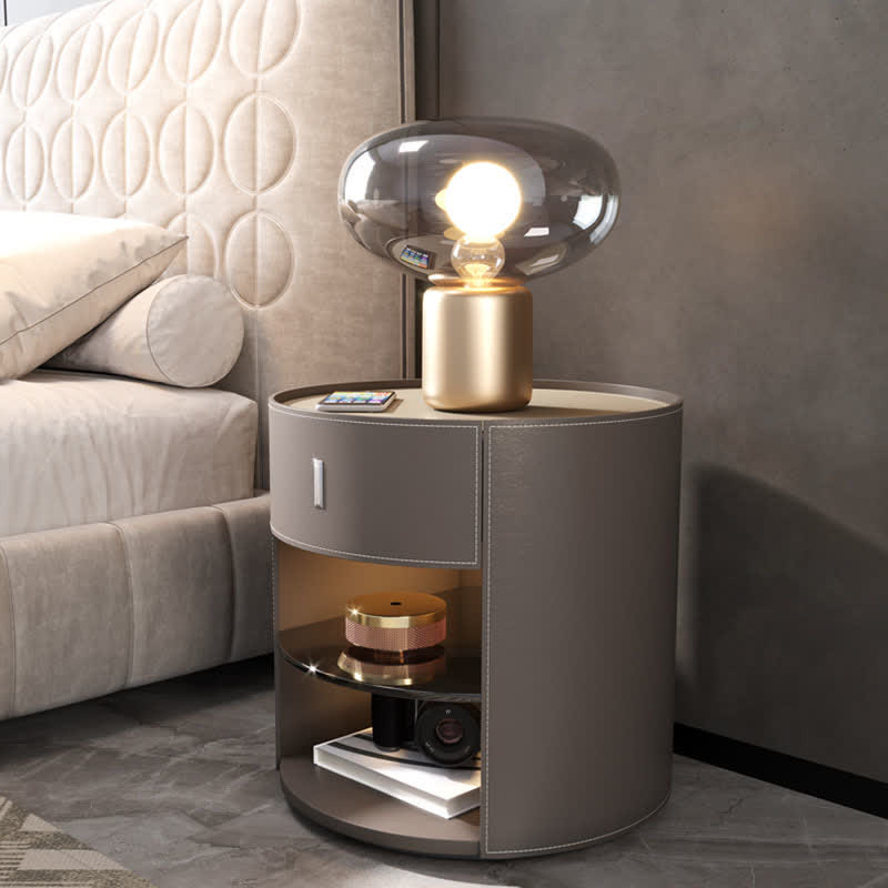 Saddle Leather Nightstand Round Bedside Table