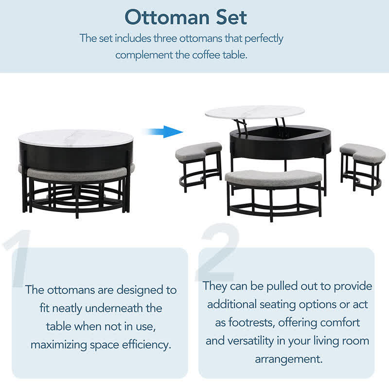 Lift-Top Coffee Tables & 3 Ottomans