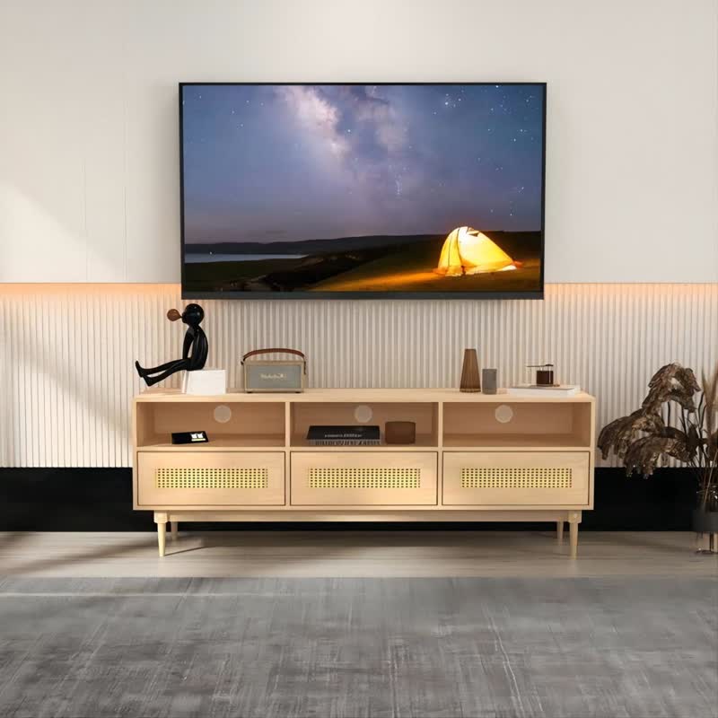 Rattan TV Stand Storage Drawer Shelves 64"
