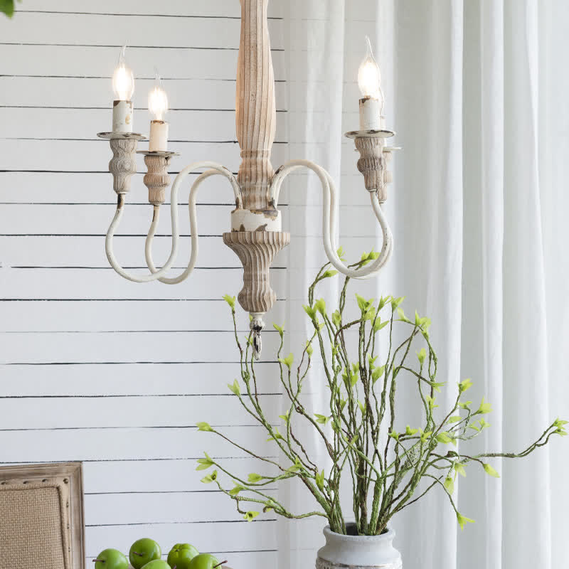 Wood Chandelier Distressed White Hanging Light