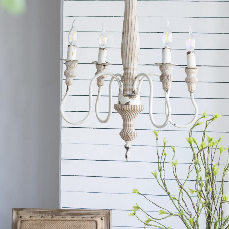 Wood Chandelier Distressed White Hanging Light