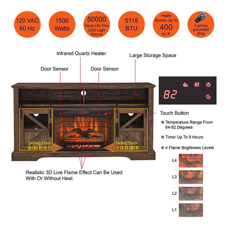 60" Electric Fireplace Farmhouse Sideboard