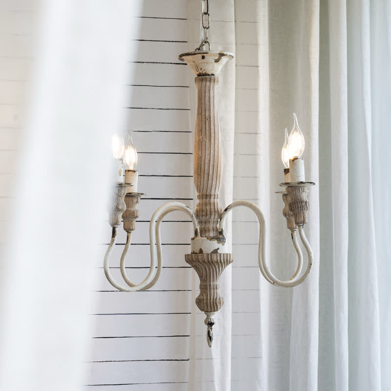 Wood Chandelier Distressed White Hanging Light