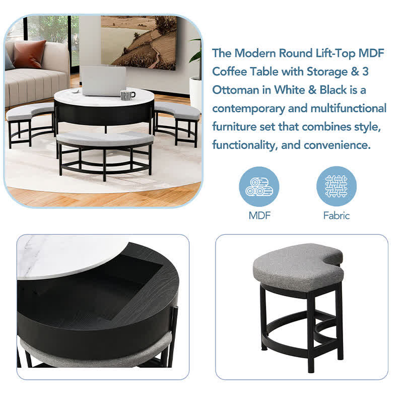 Lift-Top Coffee Tables & 3 Ottomans