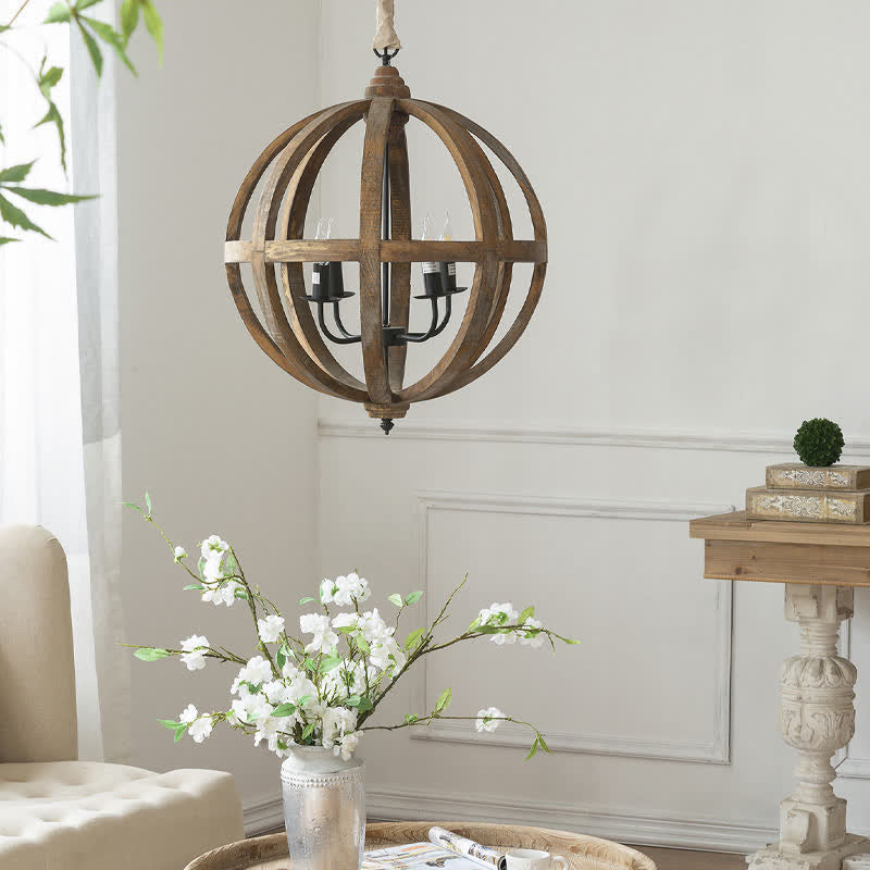 Wood Chandelier Hanging Light Contrasting Iron