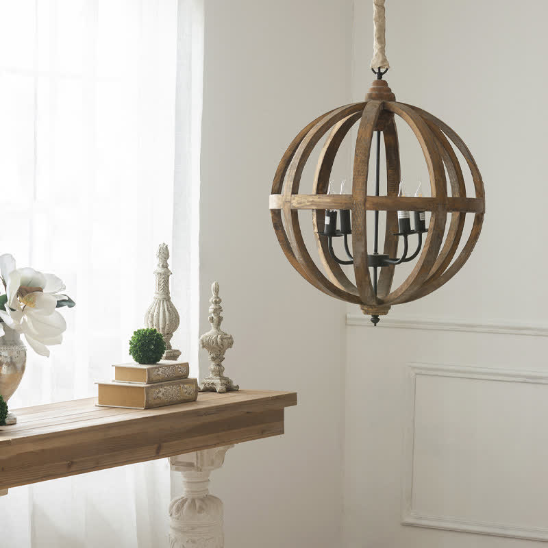 Wood Chandelier Hanging Light Contrasting Iron